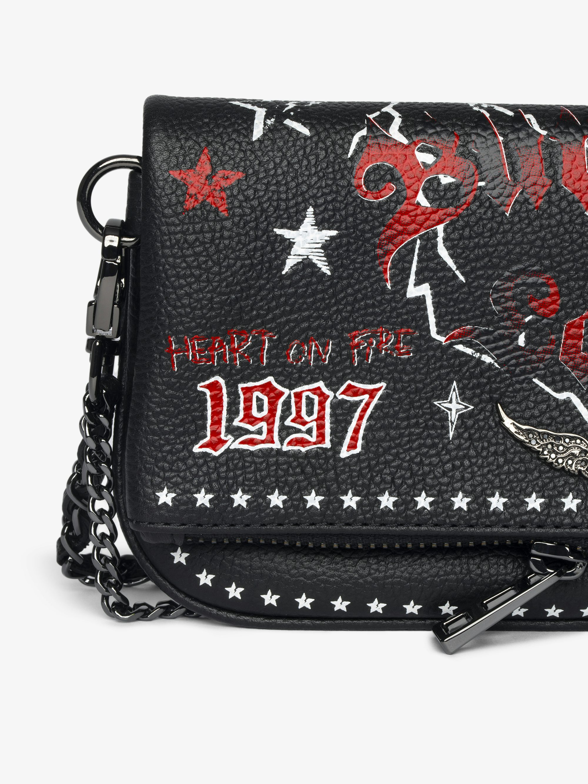 Rock Nano Punk Clutch - Punk grained leather clutch with double leather and metal chains and rhinestone-embellished wings.